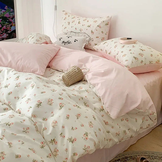 Romantisches rosa Blumen-Bettwäsche-Set - Weicher Polyester-Bettbezug und Kissenbezüge für ein gemütliches Schlafzimmer