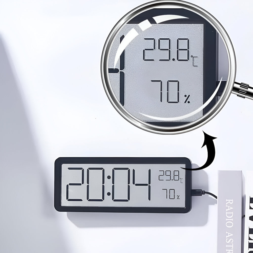 Ione - Moderne digitale LED-Wanduhr mit Temperatur- und Feuchtigkeitsanzeige