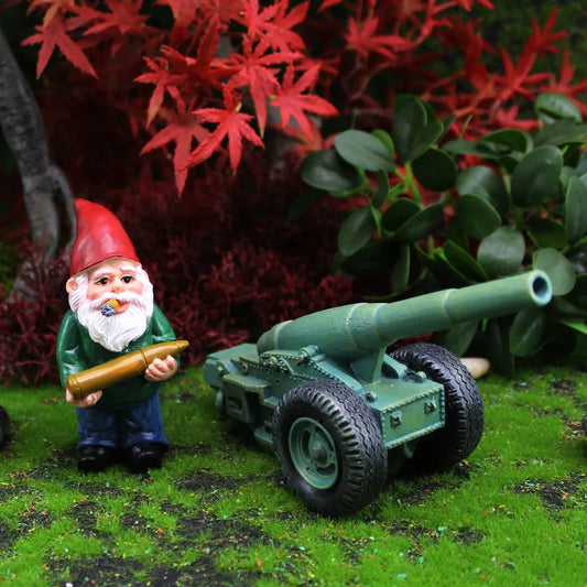 Palladia - 2-teilig Mini Harz Gartenzwerg Statue mit Kanone zum Spielen Spaß