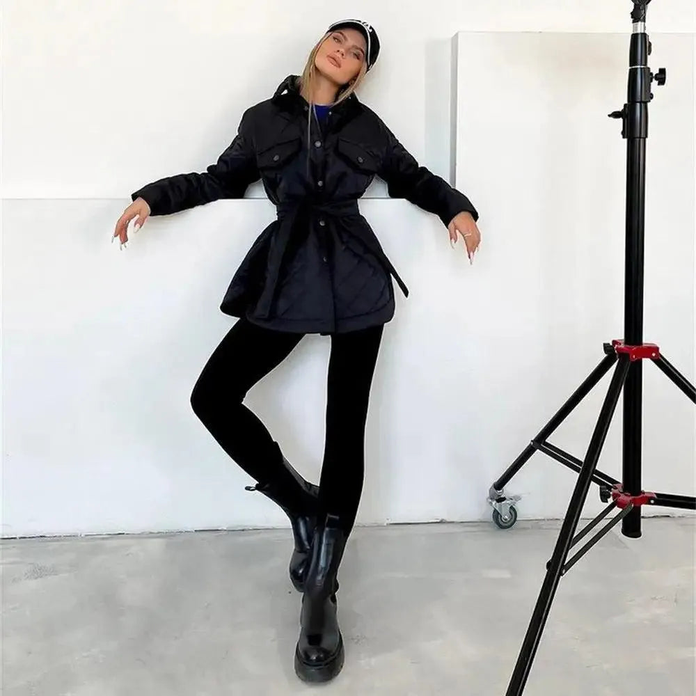 Elegant Padded Coat with Button Closure and Spacious Pockets - Perfect for Autumn